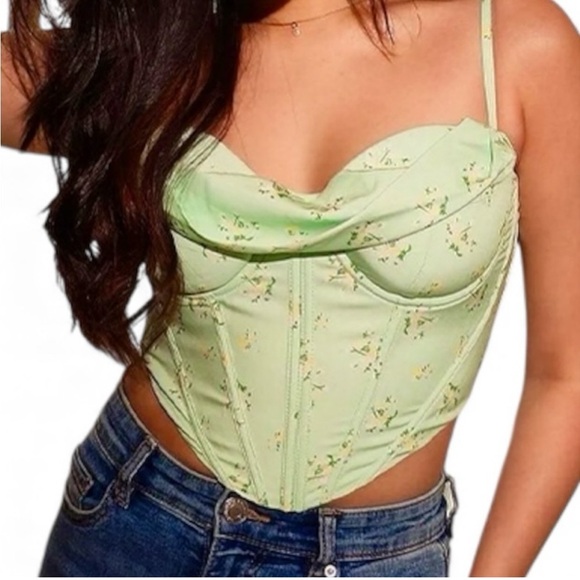 Tops - Light Green Floral Corset Top XS Cowl Neck Bustier Y2K